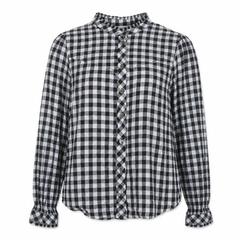 &et Women Black Check Ruffle Button-Up Blouse UK 8 Long Sleeve