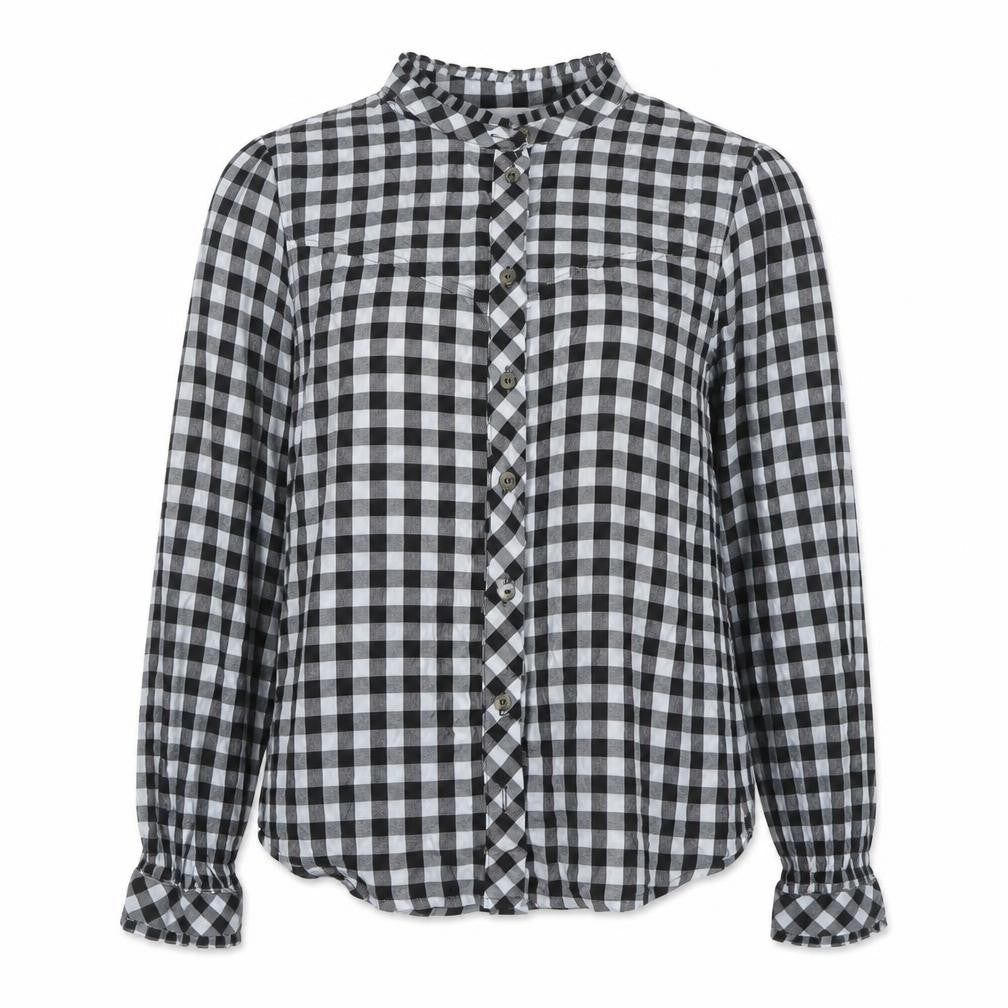 &et Women Black Check Ruffle Button-Up Blouse UK 8 Long Sleeve