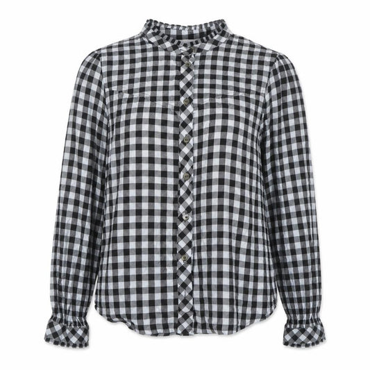 &et Women Black Check Ruffle Button-Up Blouse UK 8 Long Sleeve