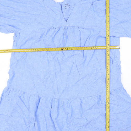 Marks and Spencer Women Blue Linen Blend Size 16 A-Line Ruffle Dress