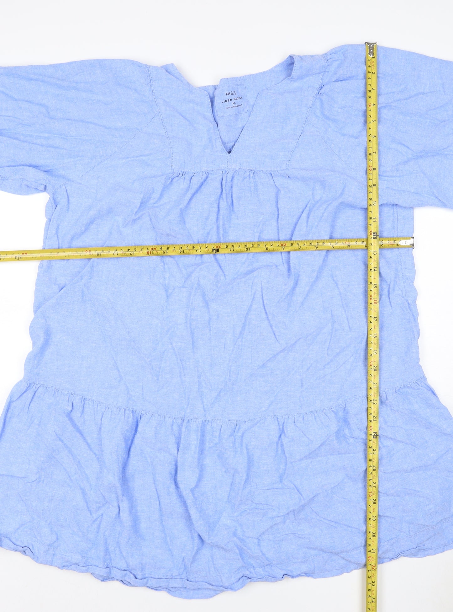 Marks and Spencer Women Blue Linen Blend Size 16 A-Line Ruffle Dress