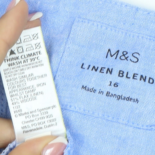 Marks and Spencer Women Blue Linen Blend Size 16 A-Line Ruffle Dress