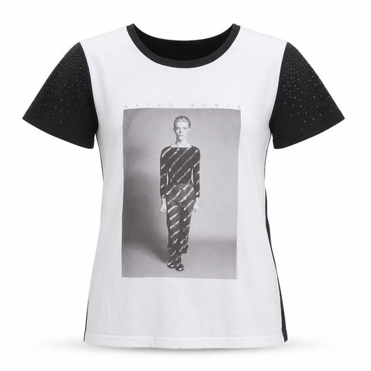 Silvian Heach Women White Black S David Bowie Rhinestone Ringer T-Shirt