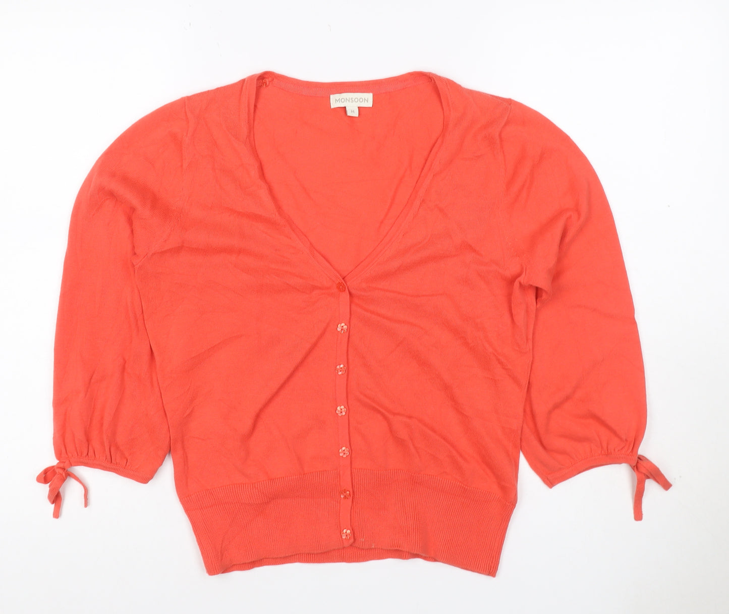 Monsoon Women Orange M Cotton V-Neck Button Tie Cuff Cardigan