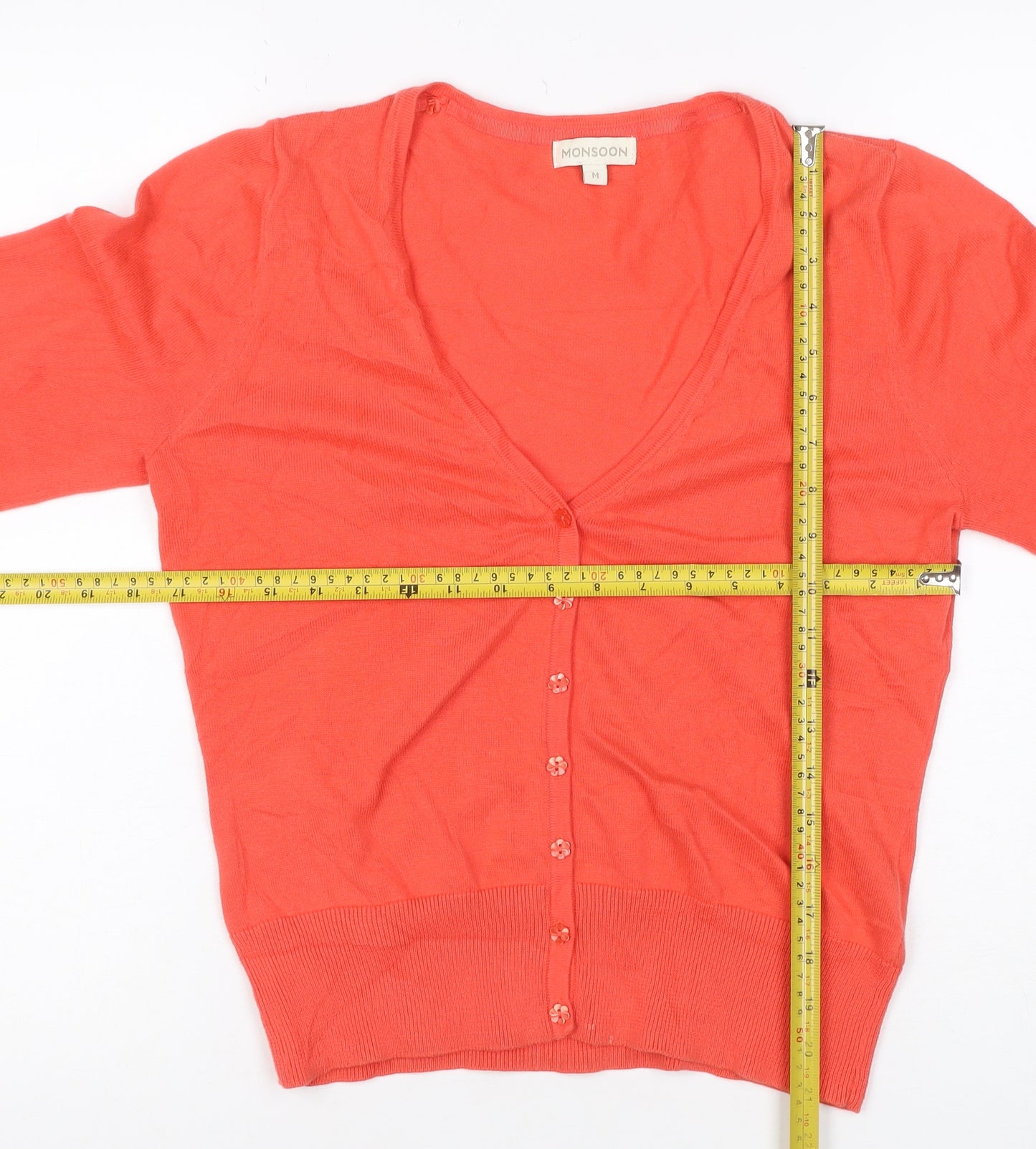 Monsoon Women Orange M Cotton V-Neck Button Tie Cuff Cardigan