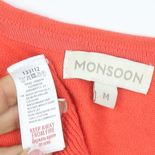 Monsoon Women Orange M Cotton V-Neck Button Tie Cuff Cardigan