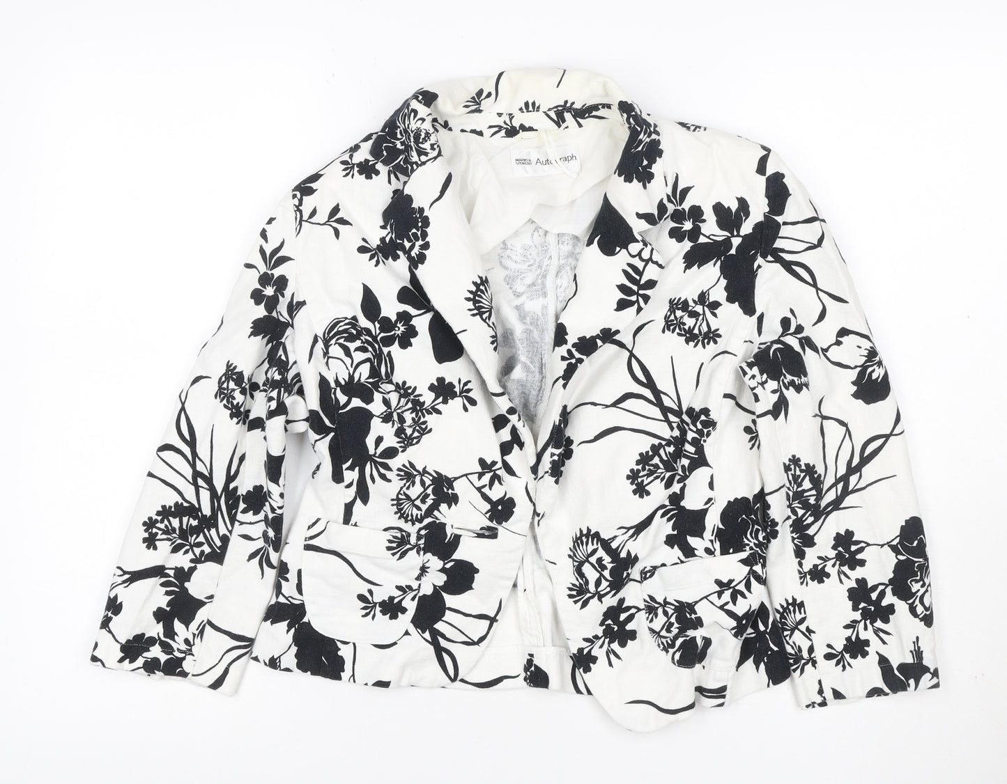 Marks and Spencer Women White Black Floral Linen Blend Blazer UK 10