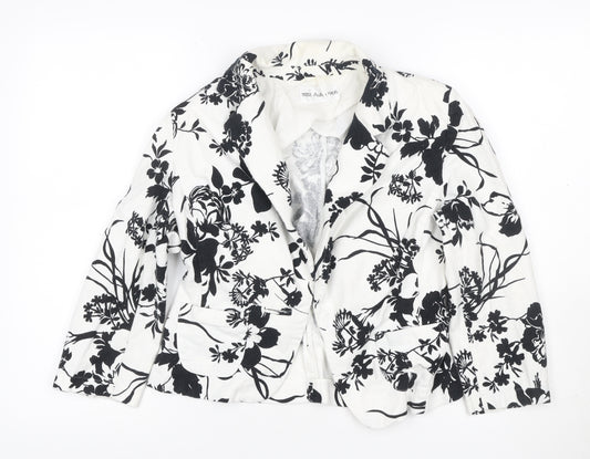 Marks and Spencer Women White Black Floral Linen Blend Blazer UK 10