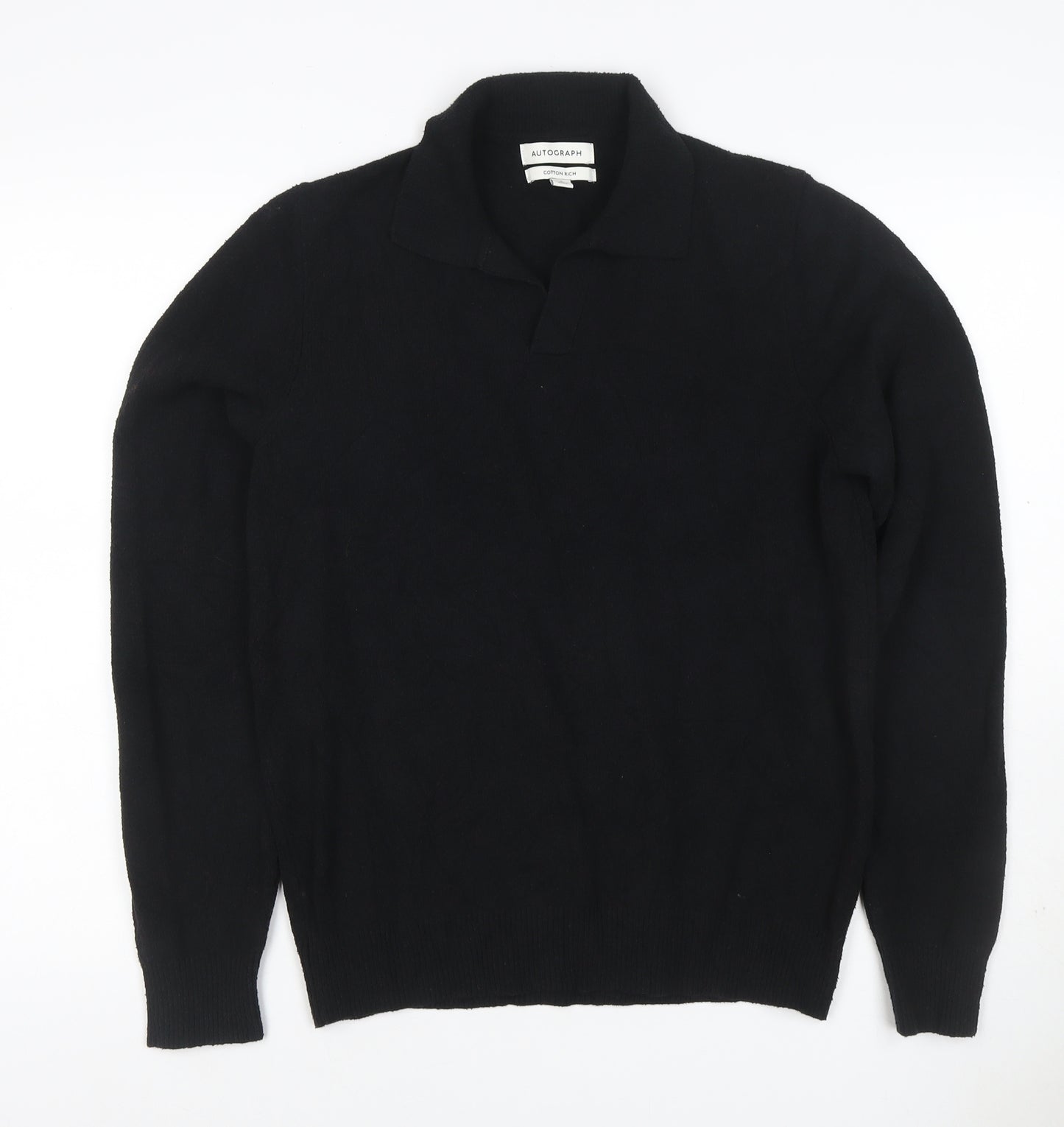 Autograph Men’s Black Cotton Cashmere Collared Pullover Jumper Size S