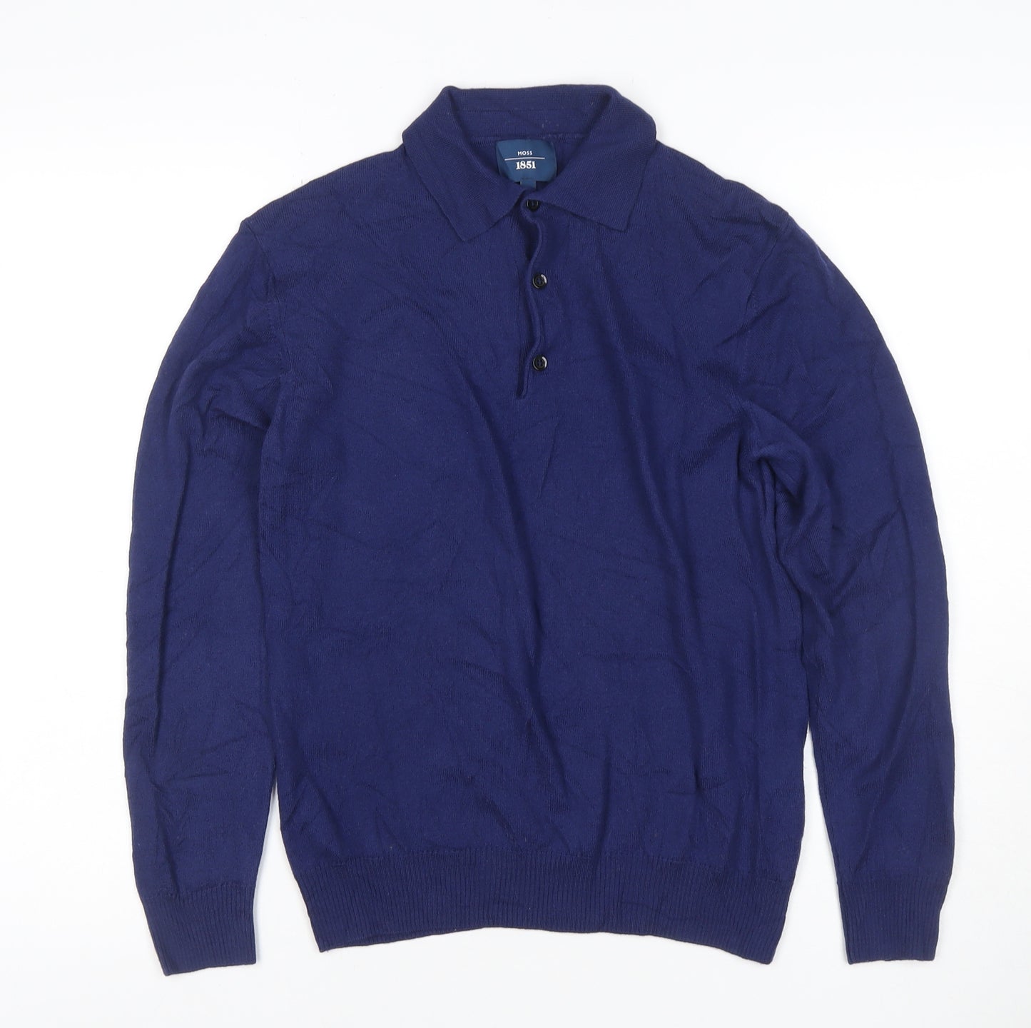 Moss 1851 Men’s Blue Small Merino Wool Collared Henley Jumper