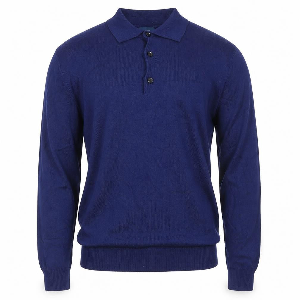 Moss 1851 Men’s Blue Small Merino Wool Collared Henley Jumper