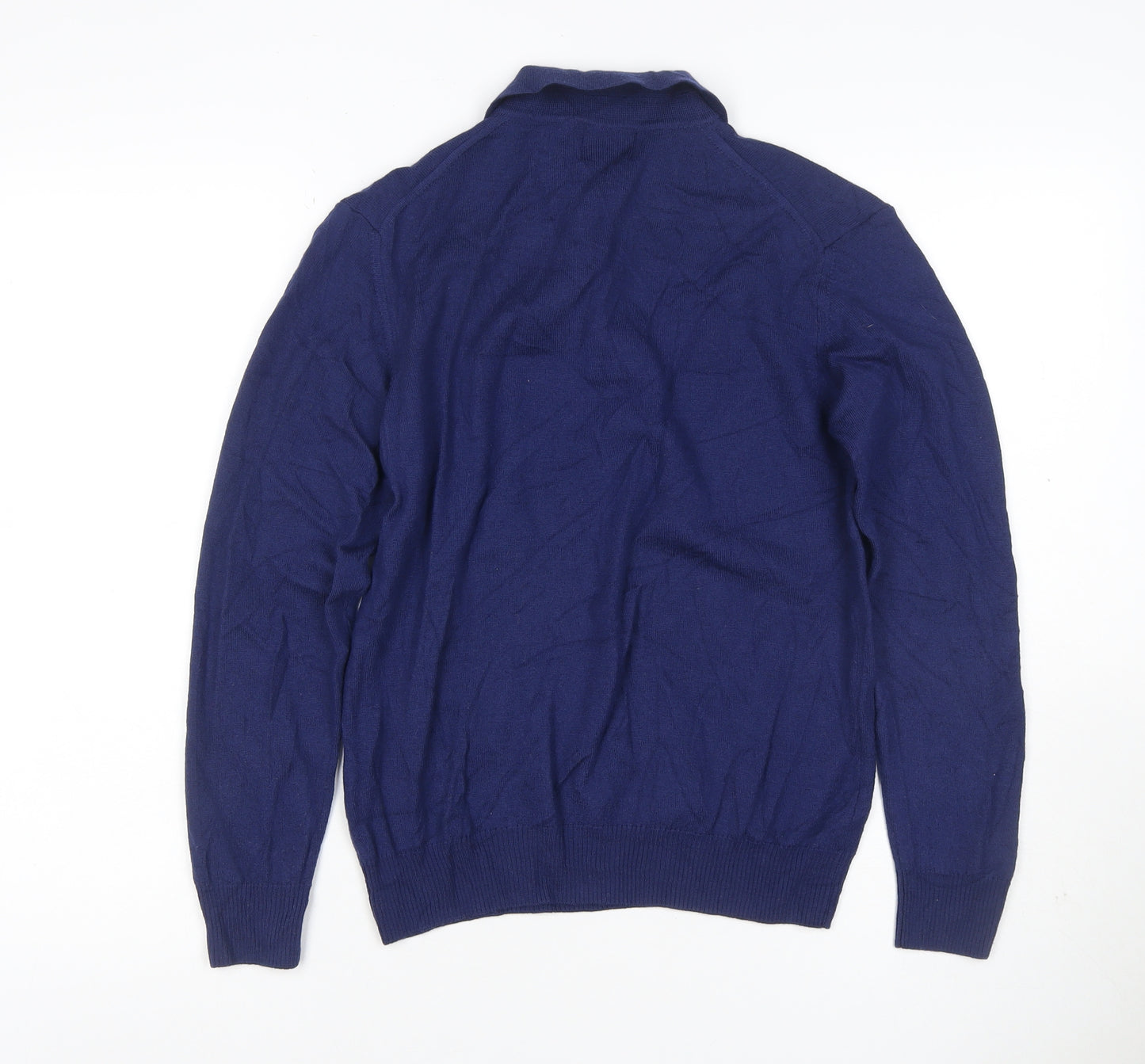 Moss 1851 Men’s Blue Small Merino Wool Collared Henley Jumper