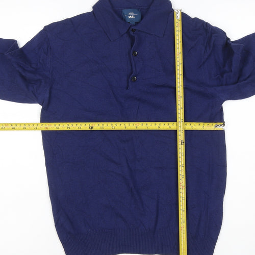 Moss 1851 Men’s Blue Small Merino Wool Collared Henley Jumper
