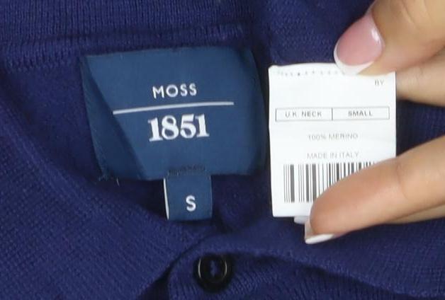 Moss 1851 Men’s Blue Small Merino Wool Collared Henley Jumper