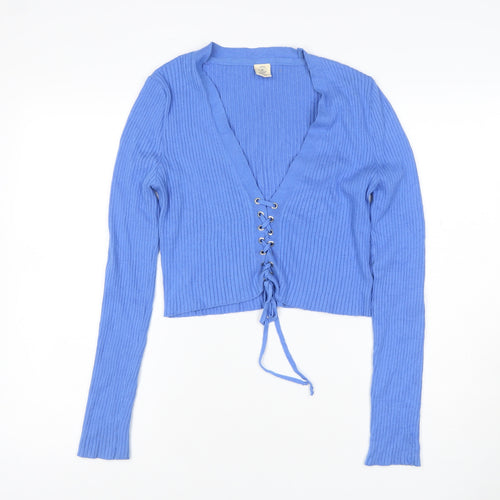 Urban Outfitters Women Blue M Ribbed Lace-Up V-Neck Cardigan