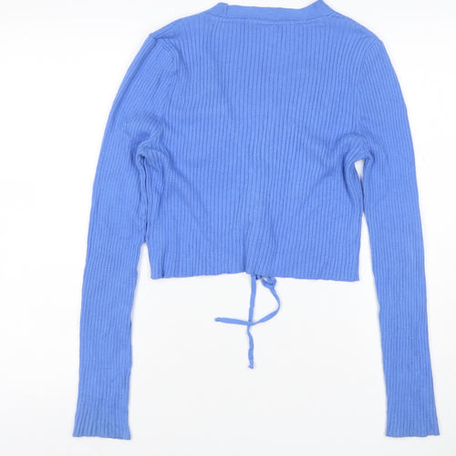 Urban Outfitters Women Blue M Ribbed Lace-Up V-Neck Cardigan