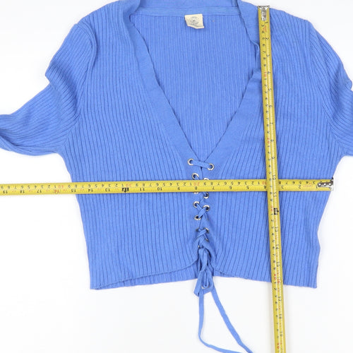 Urban Outfitters Women Blue M Ribbed Lace-Up V-Neck Cardigan