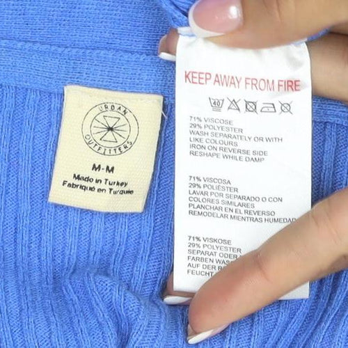 Urban Outfitters Women Blue M Ribbed Lace-Up V-Neck Cardigan