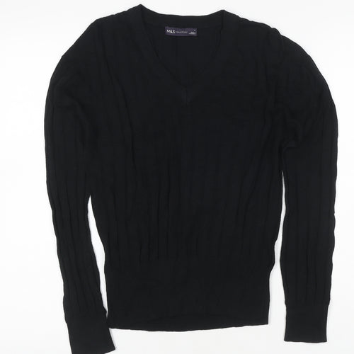 Marks and Spencer Women's Black S V-Neck Ribbed Knit Pullover Jumper