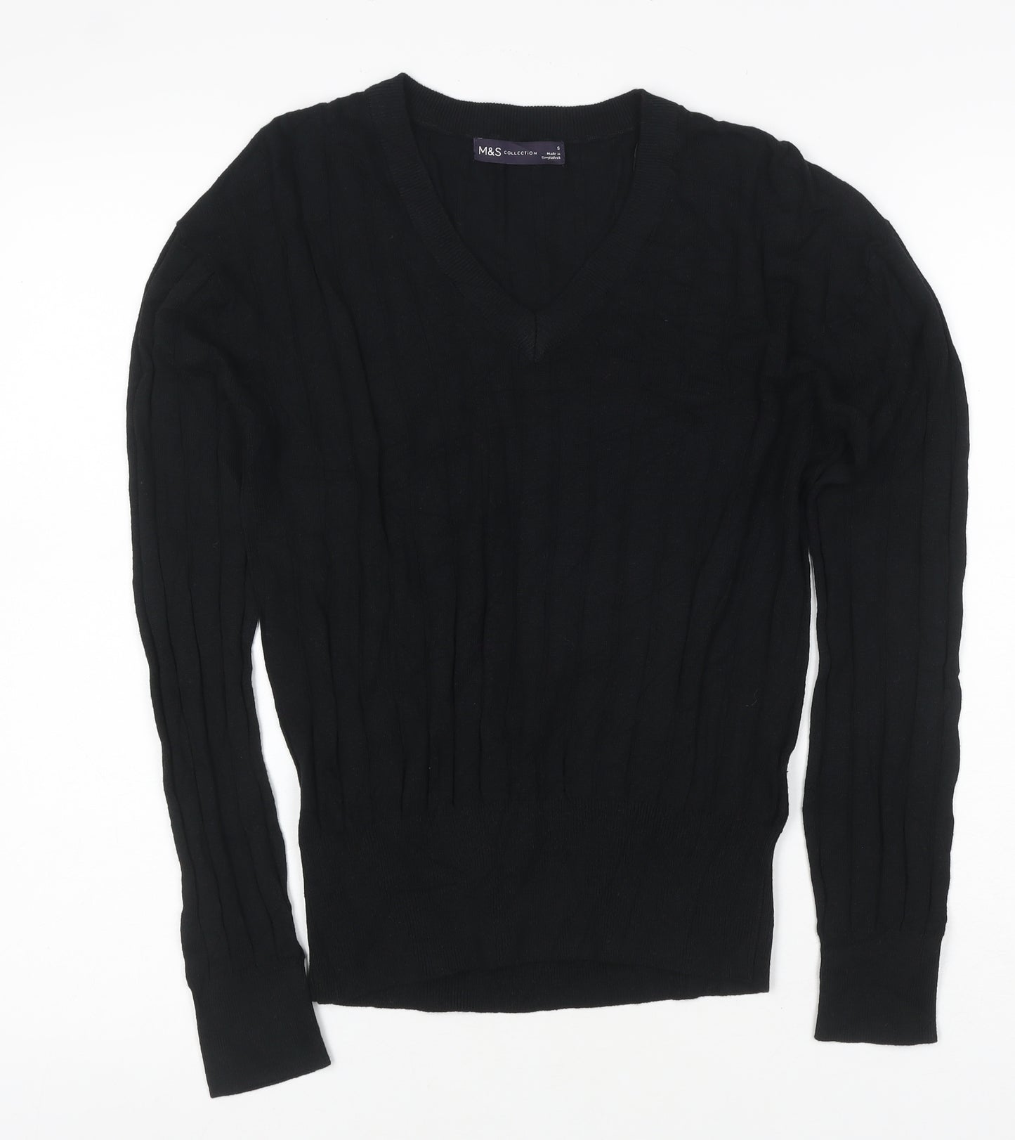 Marks and Spencer Women's Black S V-Neck Ribbed Knit Pullover Jumper