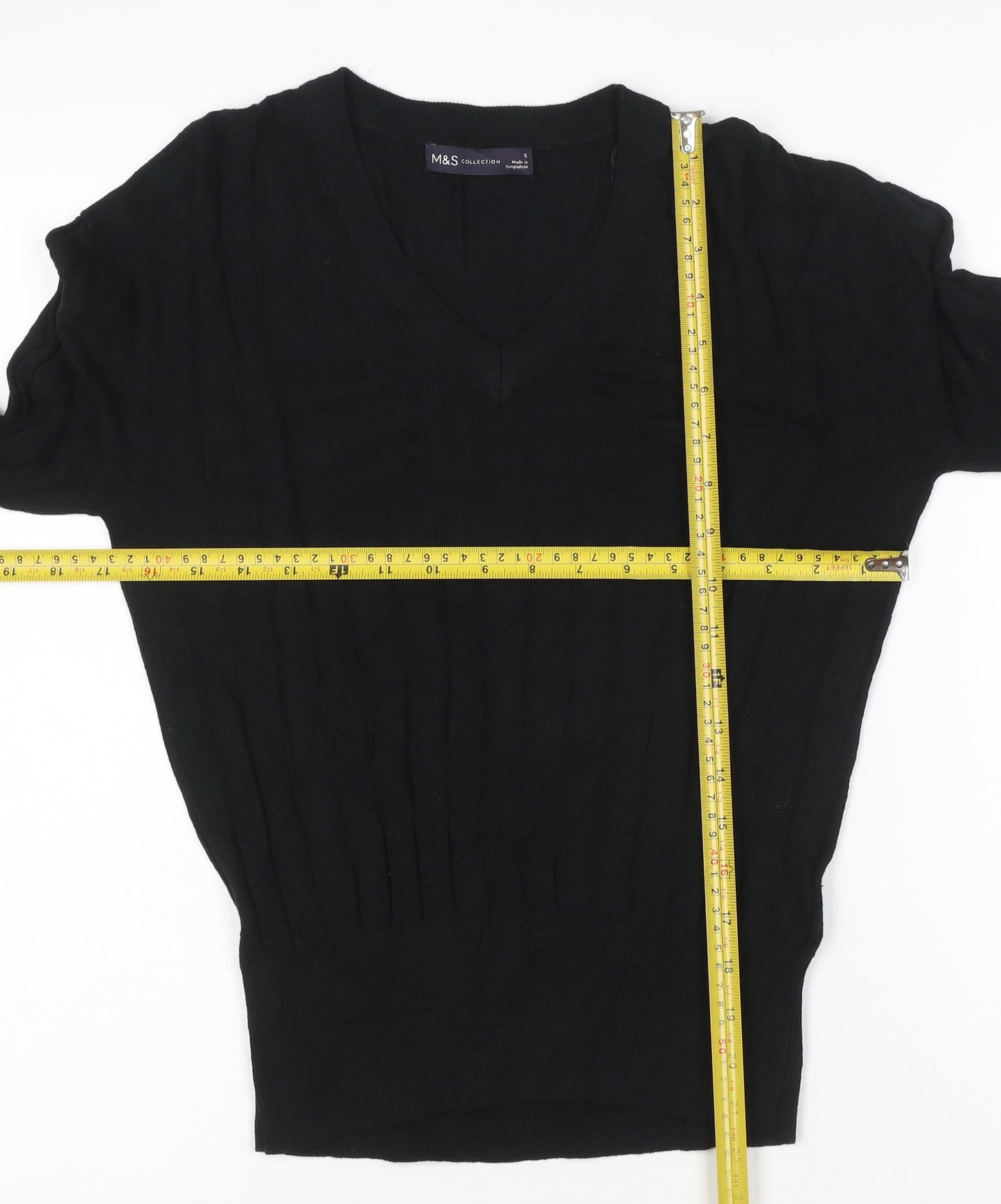 Marks and Spencer Women's Black S V-Neck Ribbed Knit Pullover Jumper