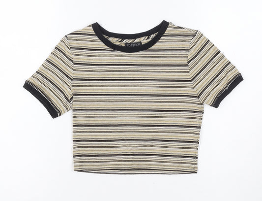 Topshop Women Gold Black Stripe Jersey T-Shirt UK 6 Short Sleeve