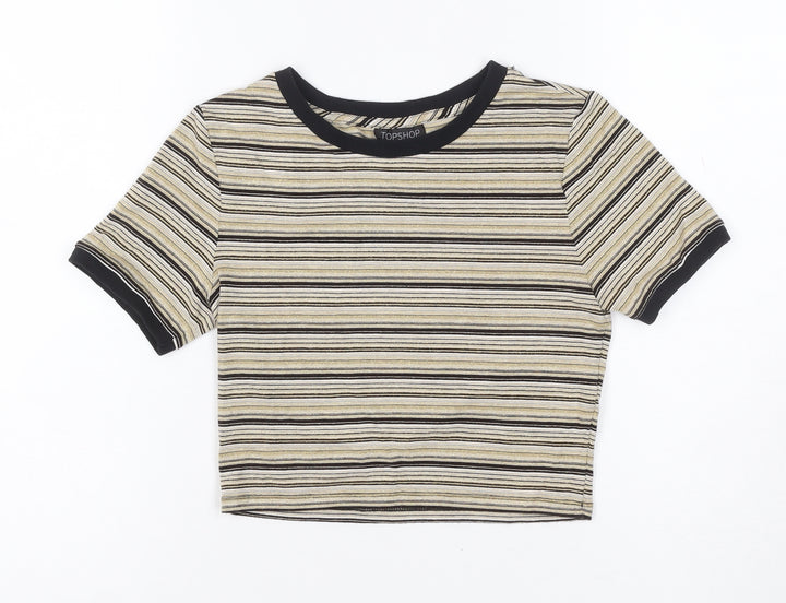 Topshop Women Gold Black Stripe Jersey T-Shirt UK 6 Short Sleeve