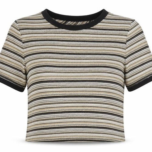Topshop Women Gold Black Stripe Jersey T-Shirt UK 6 Short Sleeve