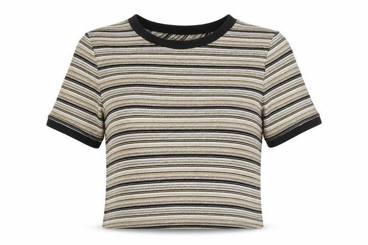 Topshop Women Gold Black Stripe Jersey T-Shirt UK 6 Short Sleeve