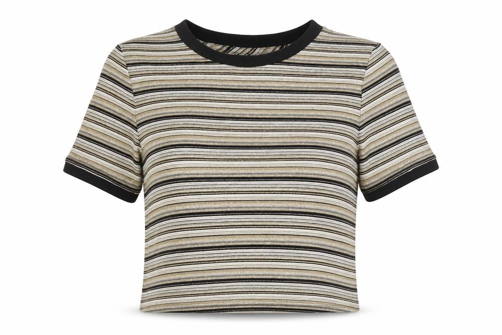 Topshop Women Gold Black Stripe Jersey T-Shirt UK 6 Short Sleeve
