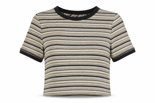 Topshop Women Gold Black Stripe Jersey T-Shirt UK 6 Short Sleeve