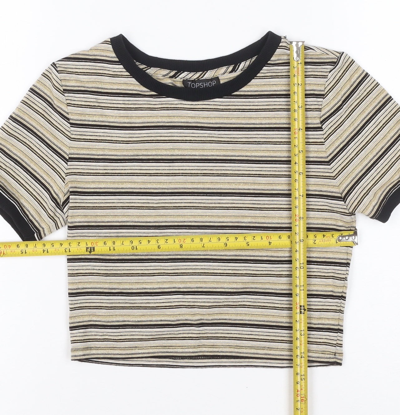 Topshop Women Gold Black Stripe Jersey T-Shirt UK 6 Short Sleeve