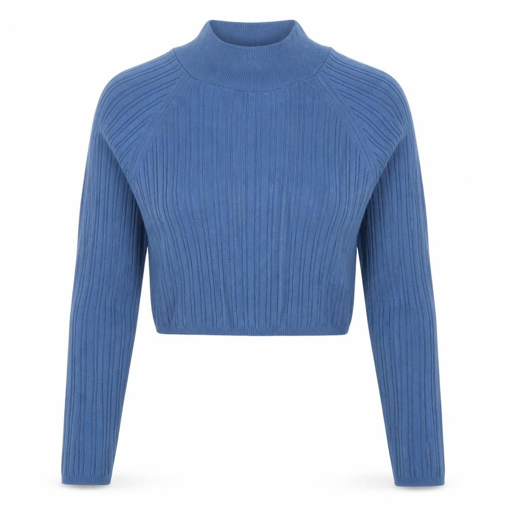 Front view of ASOS DESIGN Women Blue UK 12 Ribbed High Neck Slim jumper