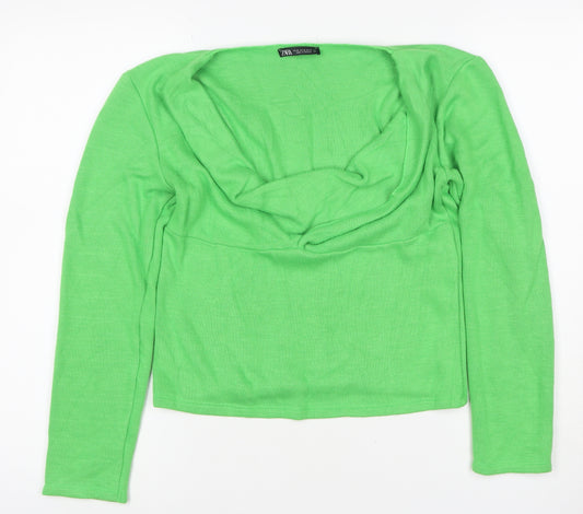 Zara Women Green M Lightweight Open Cowl Neck Knit Cardigan