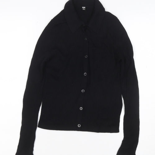UNIQLO Women Black S 100% Wool Rib Knit Collared Button Cardigan