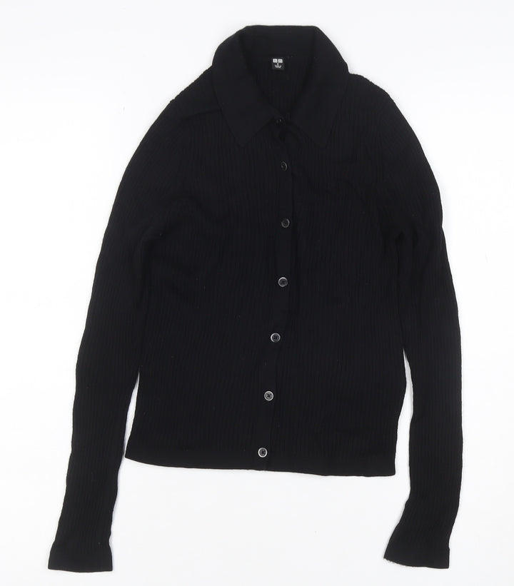 UNIQLO Women Black S 100% Wool Rib Knit Collared Button Cardigan