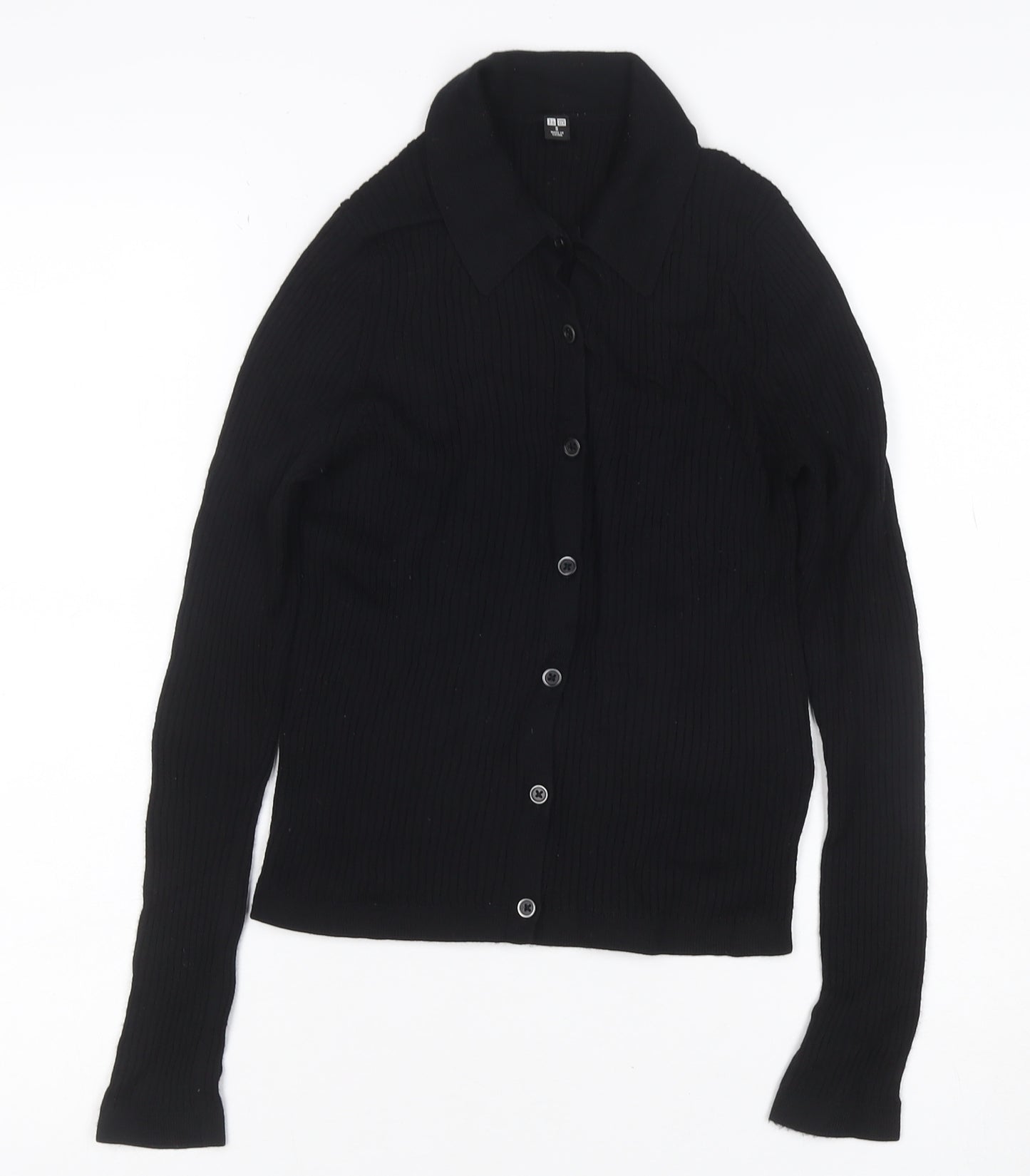 UNIQLO Women Black S 100% Wool Rib Knit Collared Button Cardigan