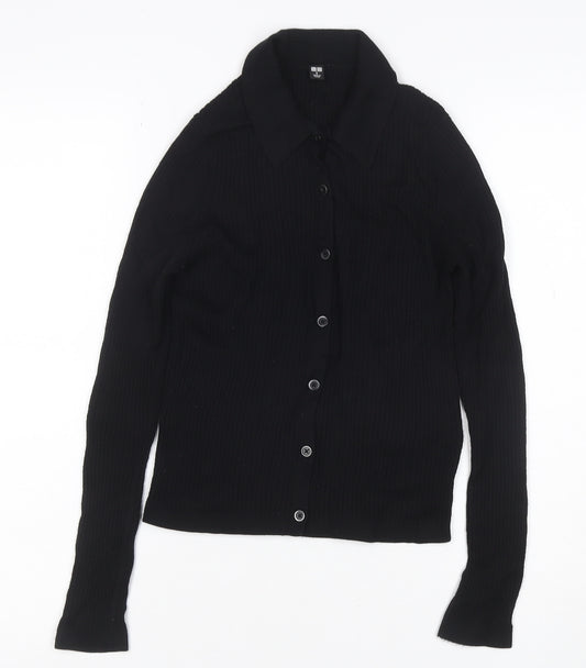 UNIQLO Women Black S 100% Wool Rib Knit Collared Button Cardigan