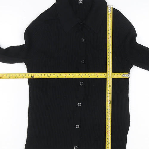 UNIQLO Women Black S 100% Wool Rib Knit Collared Button Cardigan