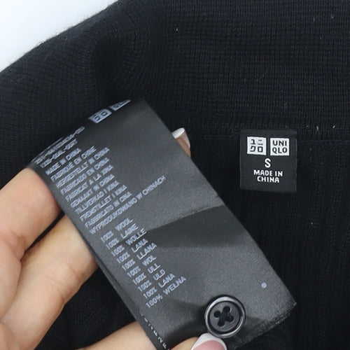 UNIQLO Women Black S 100% Wool Rib Knit Collared Button Cardigan
