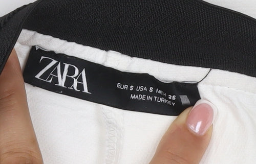 Zara Women White Size S Stretch Pull-On Straight Trousers with Pockets
