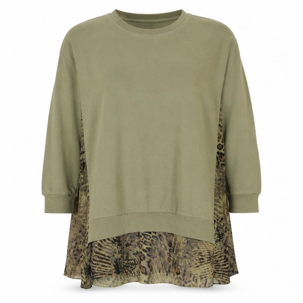 Front view of La Postcard Women Green, size 2, Leopard Print Long Sleeve Tunic Top