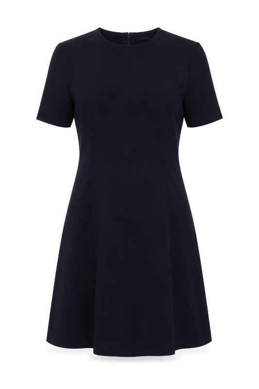 Front view of Banana Republic Women Navy, size 8, Knee Length Sheath Long Sleeve Dress