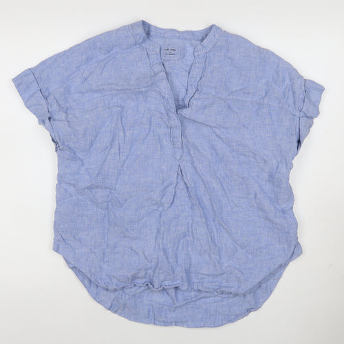 Marks and Spencer Womens Blue Linen Size 14 Short Sleeve Collared Blouse