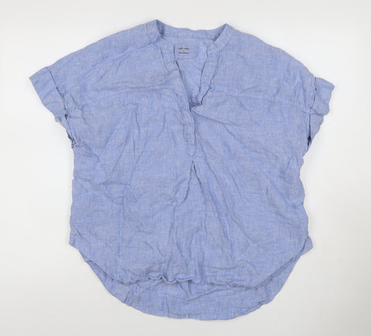 Marks and Spencer Womens Blue Linen Size 14 Short Sleeve Collared Blouse