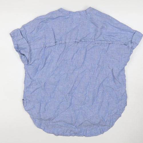 Marks and Spencer Womens Blue Linen Size 14 Short Sleeve Collared Blouse