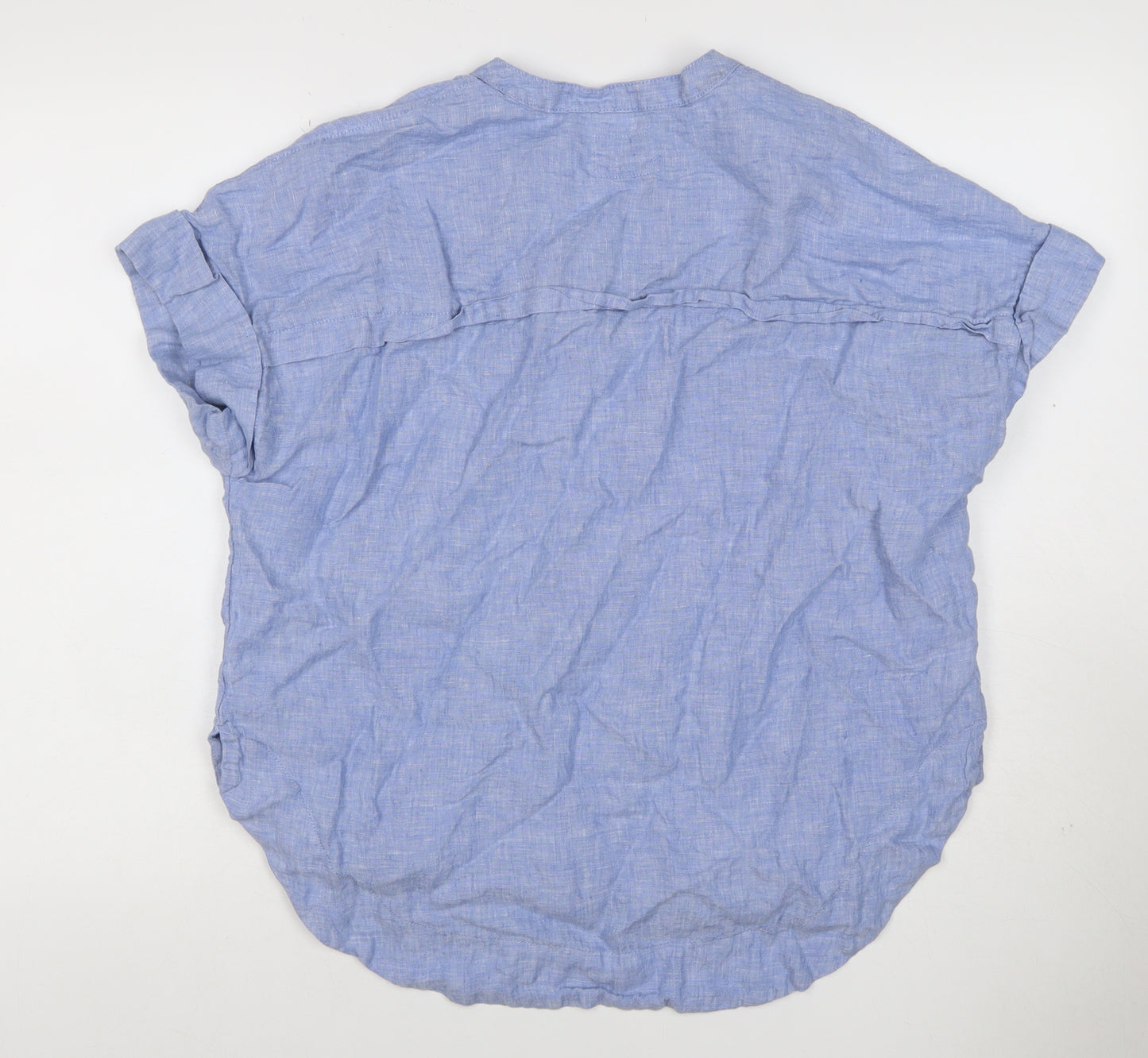 Marks and Spencer Womens Blue Linen Size 14 Short Sleeve Collared Blouse