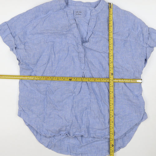 Marks and Spencer Womens Blue Linen Size 14 Short Sleeve Collared Blouse