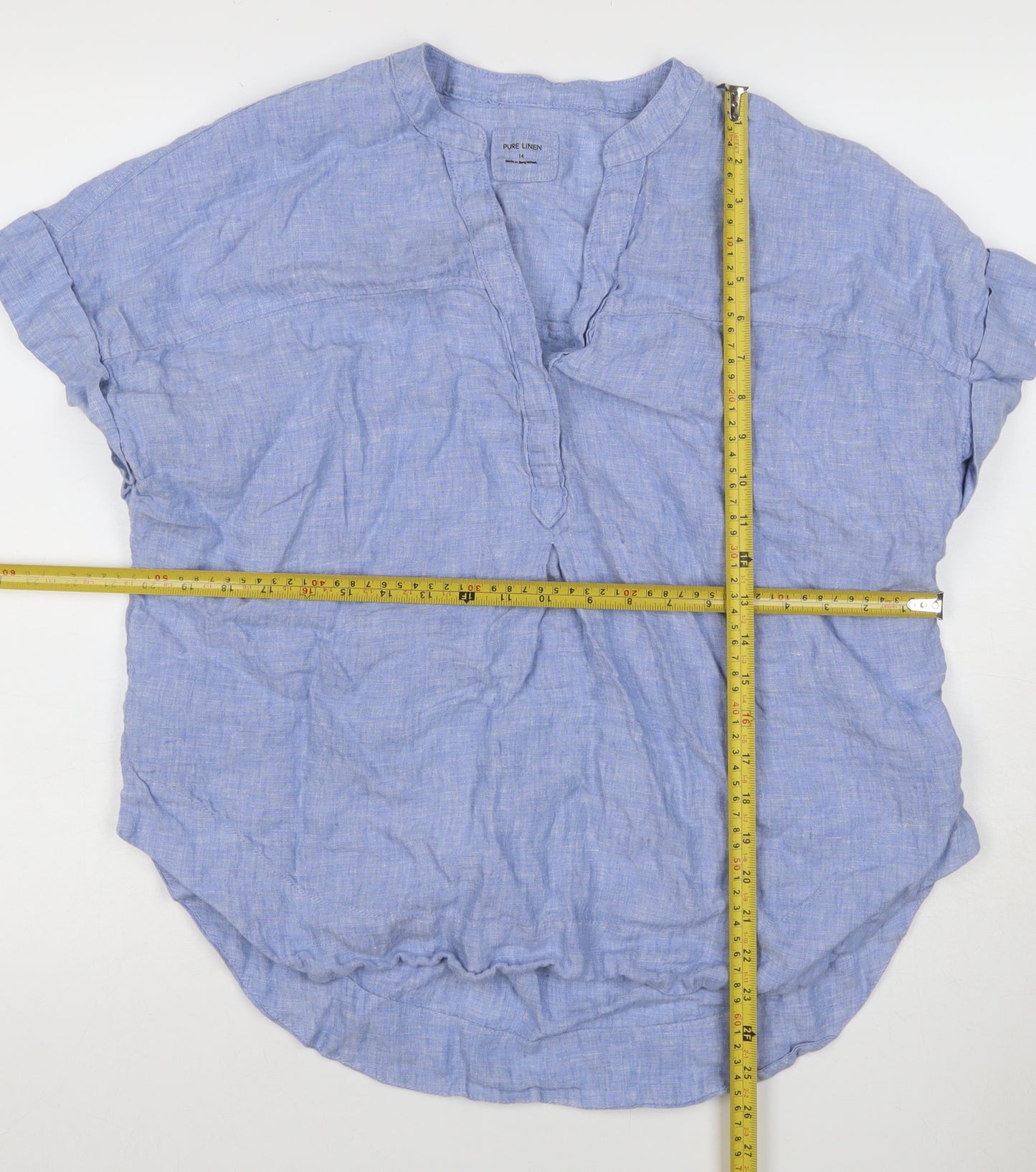 Marks and Spencer Womens Blue Linen Size 14 Short Sleeve Collared Blouse