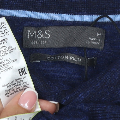 Marks and Spencer Men's Blue M Cotton Rich Short Sleeve Polo Shirt
